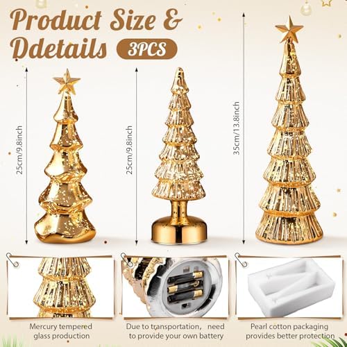 Funnymoom 3 Pack Glass Christmas Trees Light up Decor, Gold, Classic