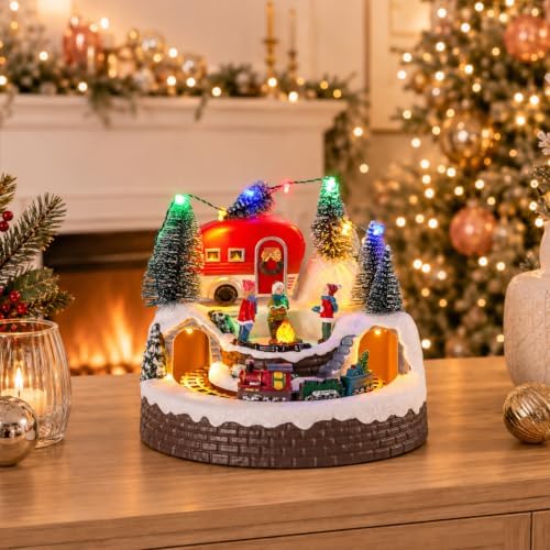 VCUTEKA Christmas Village Houses, Camper with People Campfire and Rotating Train Lighted Musical Christmas Village Collectible Building for Xmas Indoor Decorations or Holiday Table Displays