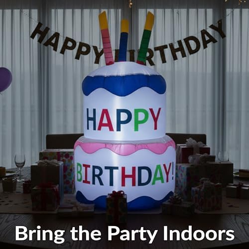 Sunnydaze 4-Foot Happy Birthday Cake Inflatable Decoration - Fan Blower and LED Lights