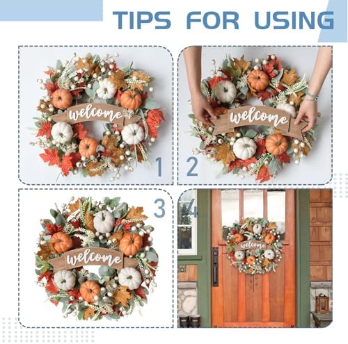 24 Inch Fall Pumpkin Maple Leaves for Front Door, Autumn White Orange Pumpkin Greenery Leaves Wreath for Indoor Outdoor, Welcome Sign Pumpkin Wreath