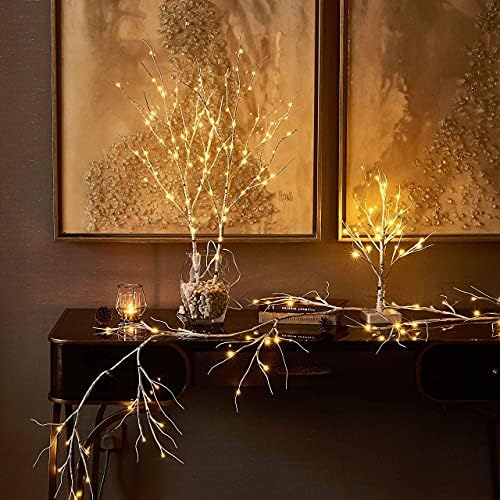 Hairui Pre-lit Tabletop Birch Tree with Timer 24LED 18IN Battery Operated for Christmas Father's Day Party Decoration 2 Sets