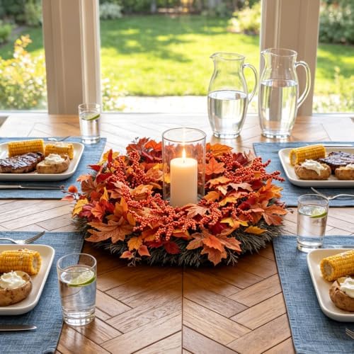 Fall Maple Leaf Wreath, 26Inch Fall Wreaths for Front Door, Large Autumn Wreath with Maple Leaves and Berries, Fall Wreath for Porch Thanksgiving & Harvest Fall Decor