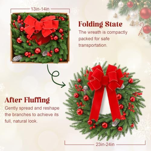 24'' Christmas Wreath with Lights, Christmas Norfolk Wreaths for Front Door