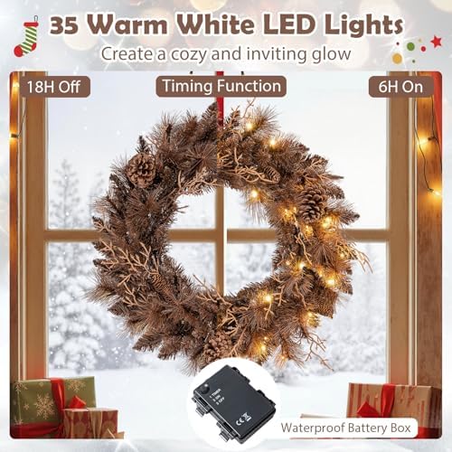 Goplus 24 Inch Pre-Lit Christmas Wreath, Battery Operated Lighted Artificial Winter Xmas Wreaths for Front Door with 105 Branch Tips, 35 Warm White LED Lights, Pine Cones, Windows Wall Mantel Decor