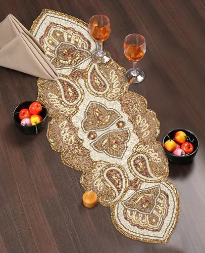 Lightnpro Beaded Christmas Table Runner, Fancy Handmade Decorative Embroidery Gold Runner for Christmas Xmas New Year Family Party Decoration - 13x36 Paisley Design
