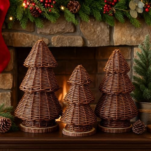 MiniInflat 3 Pcs Woven Rattan Christmas Tree Decor, Classic Weave, Brown