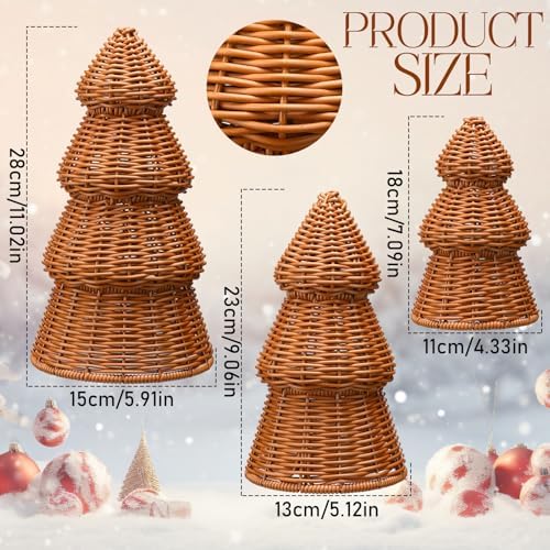 Bucherry 3 Pcs Rattan Christmas Tree Decor Rustic Woven Xmas Figurine