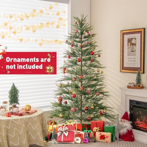 GOFLAME 6.5FT Pre-Lit Christmas Tree with Faux Cypress Leaves, Hinged Artificial Xmas Tree with 470 PE Branch Tips & 430 Warm White LED Lights, Holiday Decoration Tree with Auto Timer