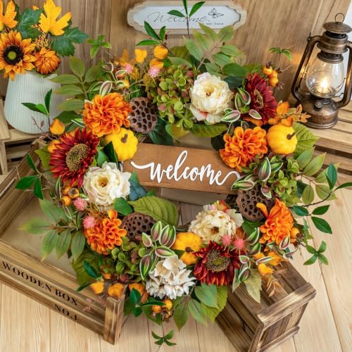 24 Inch Fall Wreaths for Front Door, Autumn Door Decor Thanksgiving Wreaths
