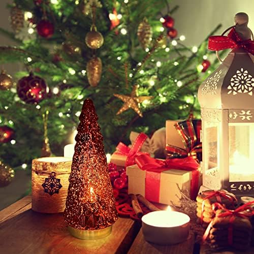Red Glass Christmas Tree 3pcs, Small Tabletop Mercury Christmas Tree with Light, Battery Operated Xmas Tree for Fireplace Bathroom Decor 10"