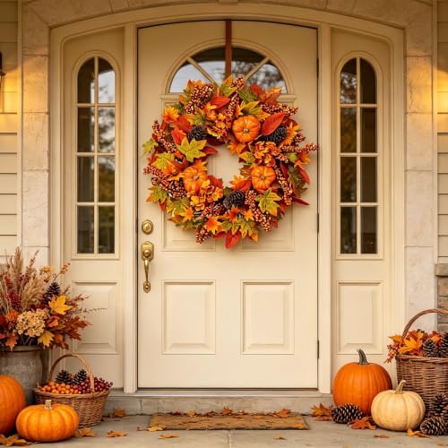 24 Inch Harvest Fall Wreath, Farmhouse Pumpkin Pinecone Autumn Wreath with Maple Leaves & Hydrangeas, Rustic Artificial Wreath for Front Porch Wall Window, Thanksgiving Home Decor