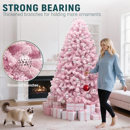 YITAHOME 6FT Prelit Pink Flocked Christmas Tree with Warm-White Lights