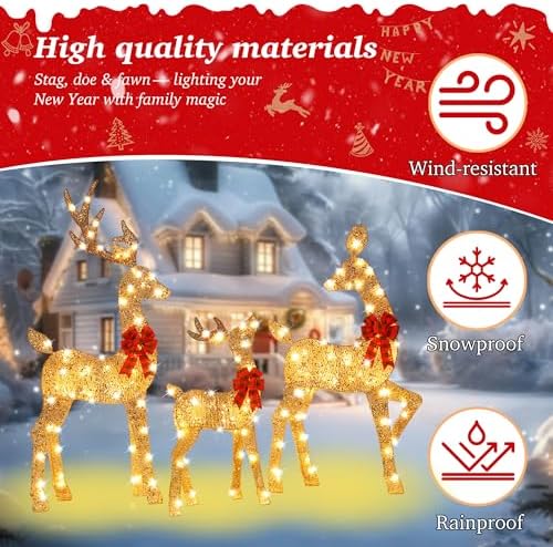 48 Inch 2.5D Gold Lighted Christmas Deer Decorations 3-Piece Outdoor Holiday Decorations Reindeer Set with 145 Warm White LEDs, Large Yard Display for Garden, Storefront