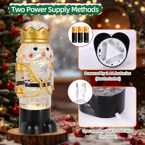 Nutcracker Christmas Snow Globe Lantern with 8 Music Songs & 6H Timer Water Snow Globe Lantern USB & Battery Operated for Christmas Festival Decorations Gifts (Gold Nutcracker)
