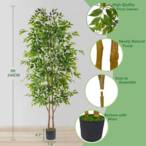 Warmplants Artificial Ficus Tree 8ft Fake Floor Plant with Woven Basket