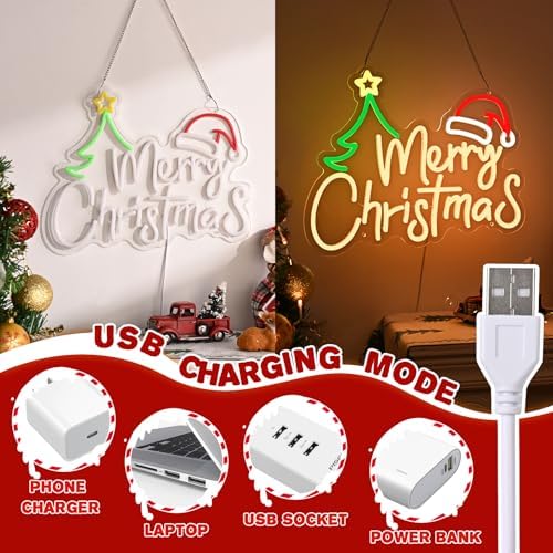 FRAMICS Merry Christmas Neon Sign-10 Adjustable Brightness LED Christmas Decorations Light Up Wall Decor with 9.8 FT USB Power Cord Wall Neon Light for Windows, Living Room, Bedroom, Party, Gifts
