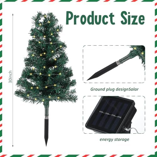 1 Pcs 30 Inch Solar Artificial Christmas Tree for Cemetery Grave with Stake and Lights Waterproof Christmas Decorations Lights Outdoor Xmas Trees for Cemetery