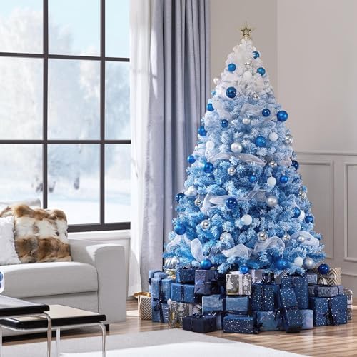 Yaheetech 6ft Premium Snow Flocked Artificial Christmas Tree Hinged Pine Full Holiday Xmas Tree for Home Office Party Decoration w/820 Branch Snow Tips & Metal Stand, Blue Gradient & White