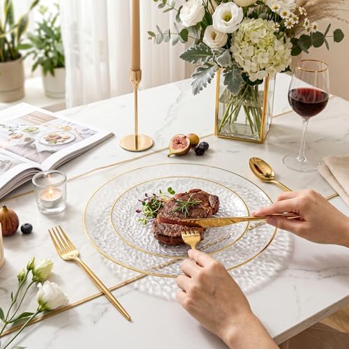 Rubtlamp 60Pcs Clear Plastic Plates,Clear Disposable Plates With Gold Rim,Heavy-duty Gold Plates,Hammered Party Plates Include 30Clear Dessert-Platos,30Dinner-Platos for Wedding, Party