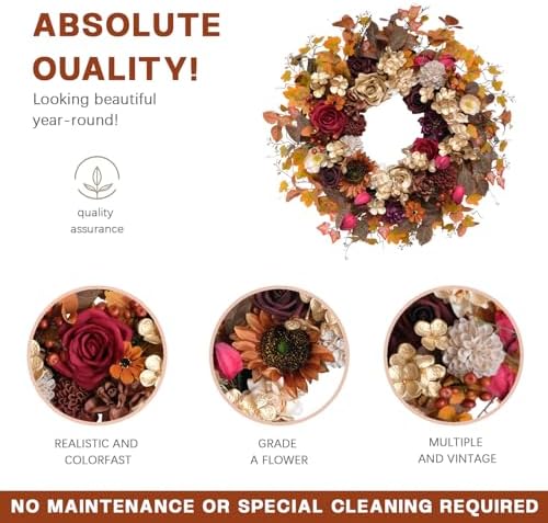 TEMPUS 24 Inch Artificial Fall Wreath - Red and Gold Rose Floral Front Door Decor, Handcrafted Thanksgiving Harvest Wreath for Indoor Farmhouse Wall