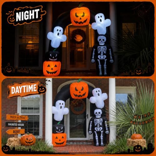 8FT Halloween Inflatable Archway with Pumpkin & Ghost, Built-in LED