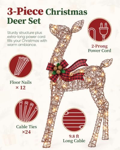 NAVINE 4.85FT 3-Piece Large Lighted Christmas Deer Family Set, Rttan