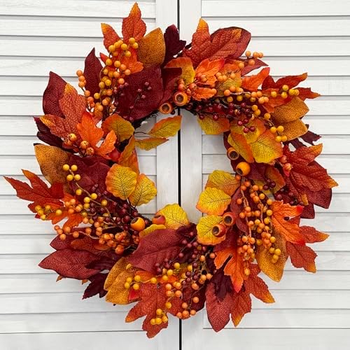 TOKCARE 24 Inch Fall Wreaths for Front Door with Maple Leaves and Berries