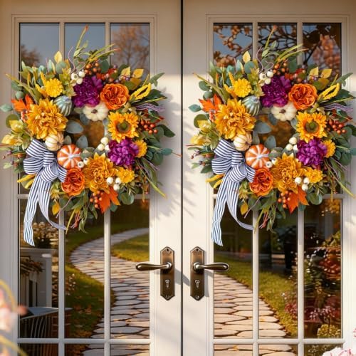 24 Inch Artificial Fall Wreaths for Front Door Outside with Striped Bow