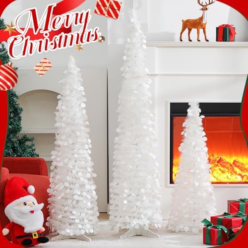 Leyndo 3 Pcs 3 ft 4ft 5 ft Collapsible Artificial Christmas Tree Pop up White Sequined Tinsel Pencil Skinny Xmas Tree for Home Fireplace Decoration