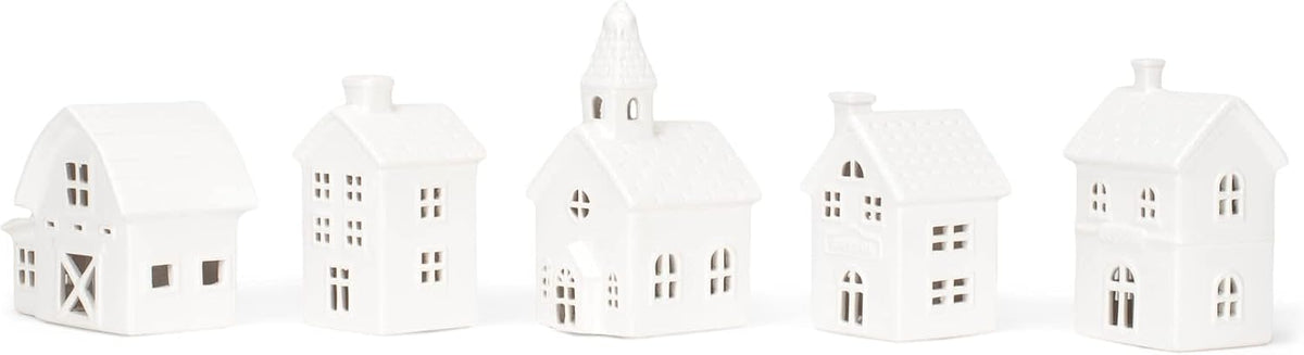 mark feldstein village with trees porcelain figurines, set, side view