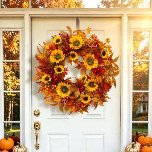 24 Inch Harvest Fall Wreaths for Front Door with Sunflower and Red Berries