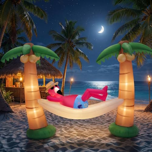 Shappy 5ft Inflatable Palm Tree, LED Lighted Flamingo Hammock Yard Decor