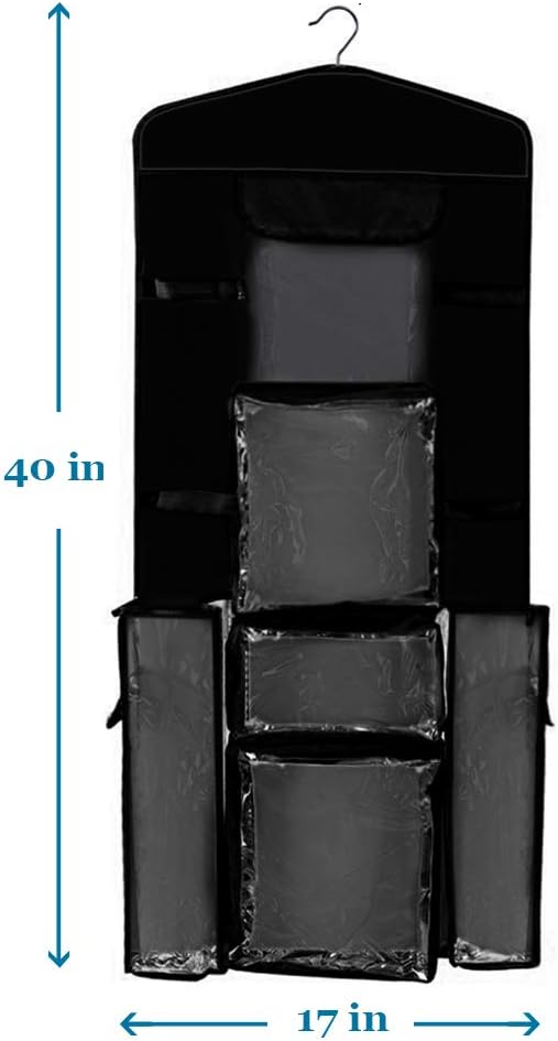 ProPik Hanging Double Sided Wrapping Paper Storage Organizer With Multiple Pockets Organize Your Gift Wrap, Gift Bags Bows Ribbons 40"X17" Fits 40 Inch Rolls Clear PVC Bag (Black)