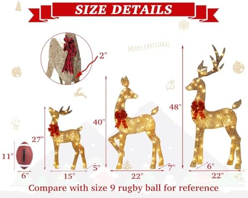 48 Inch 2.5D Gold Lighted Christmas Deer Decorations 3-Piece Outdoor Holiday Decorations Reindeer Set with 145 Warm White LEDs, Large Yard Display for Garden, Storefront