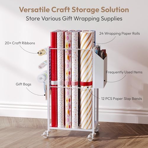 Wrapping Paper Storage Cart Station with 12PCS Slap Bands