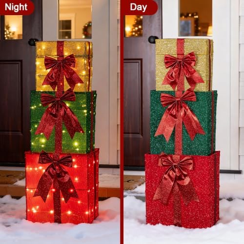 Glitzhome Lighted Outdoor Christmas Decor, 40" Animated Stacked Gift Box with Snowman Pop Up and 120 Warm White LED Lights, Christmas Yard Decoration