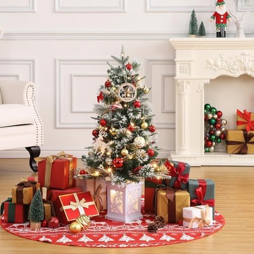 GarveeTech 3 Ft Christmas Tree, Reindeer Base, Fiber Optic Light-Style Artificial Christmas Tree, 78 Led Lights, 8-Mode Battery Box, Red Berry Decorations, Holiday Ready, Easy Installation
