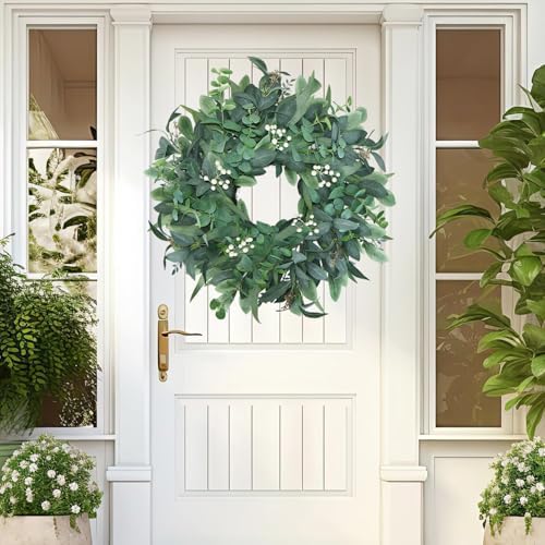 24"-26“ Green Eucalyptus Wreaths for Front Door with White Berries – Lifelike Spring, Summer, and Winter Wreath for Farmhouse Front Porch, Window, Door Decor