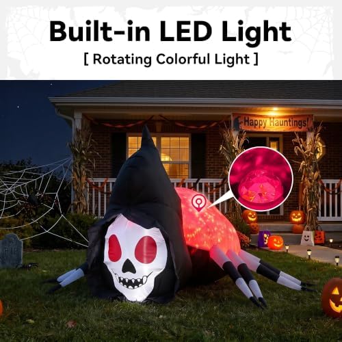 5.7FT Halloween Inflatable Skeleton Spider Outdoor Yard Decor with Magic Lights, Large Blow up Skull Spider Lawn Ornament Decorations