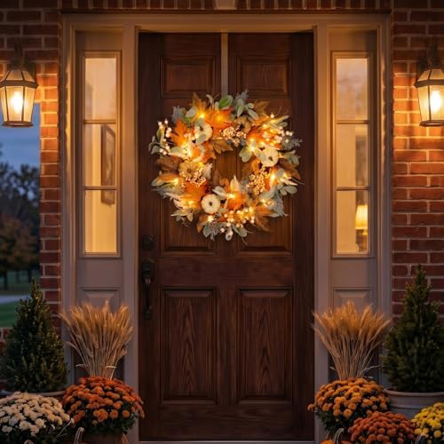 24in Pre-lit Front Door Fall Wreath,for Thanksgiving Home Decor