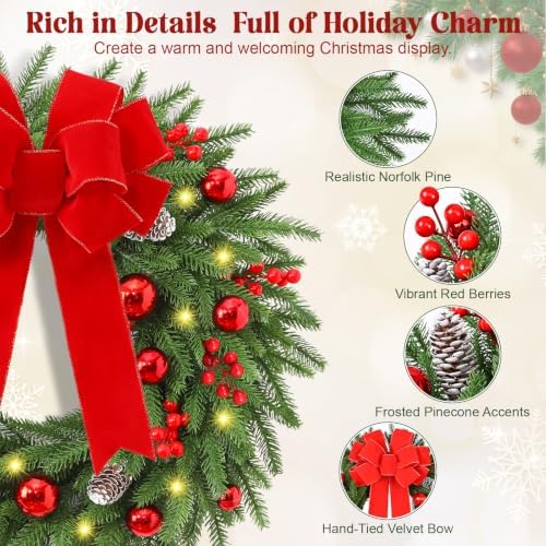 24'' Christmas Wreath with Lights, Christmas Norfolk Wreaths for Front Door