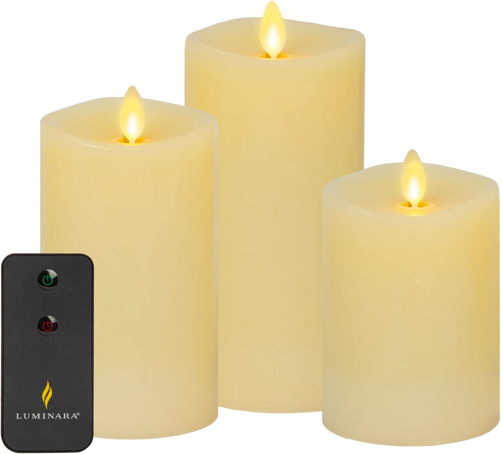 Luminara Realistic Flameless LED Set of 3 Ivory Pillar Candles, Home Safe Mov...