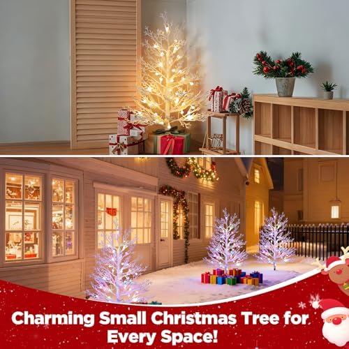Brightever 3FT Artificial Small Christmas Tree with Lights, Pre-lit Waterproof Outdoor Christmas Tree, 40 RGBW LED Bulbs, 8 Lighting Modes, Battery Operated Xmas Decor for Outside