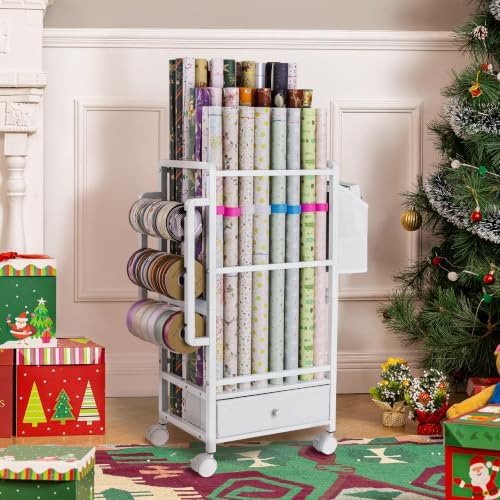 Aquzee Wrapping Paper Storage, Adjustable Gift Wrap Station with Drawer