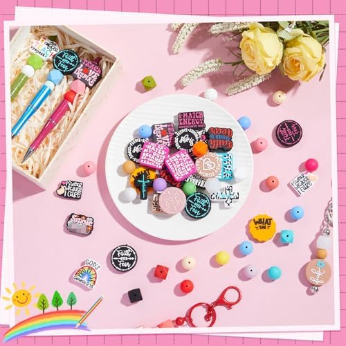 Landical 200 Pcs Inspirational Silicone Focal Beads Bulk for Pen, Keychain