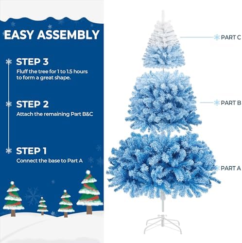 Yaheetech 6ft Premium Snow Flocked Artificial Christmas Tree Hinged Pine Full Holiday Xmas Tree for Home Office Party Decoration w/820 Branch Snow Tips & Metal Stand, Blue Gradient & White