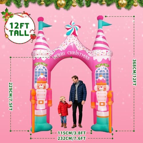 Evoio 12 FT Giant Christmas Archway Inflatables Nutcracker with LED Lights, Pink Xmas Arch Inflatable Stereoscopic Blow up Christmas Outdoor Decorations for Front Yard, Driveway, Lawn, Garden, Square