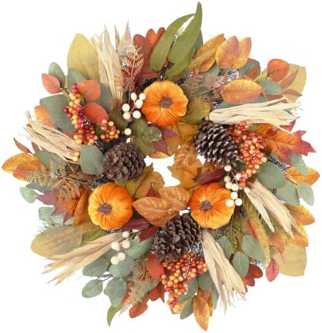 26 Inch Fall Wreaths for Front Door, Autumn Harvest Wreath, Large Autumn Wreath with Pumpkin, Pinecones and Berries, Fall Wreath for Thanksgiving & Harvest Fall Door Decor