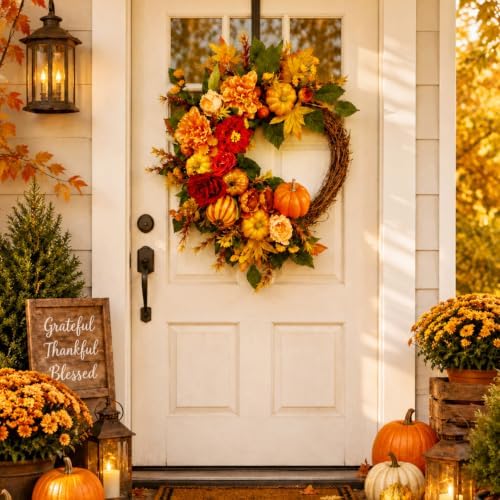 Suncalla Fall Wreath for Front Door 20" Autumn Pumpkin Maple Leaves