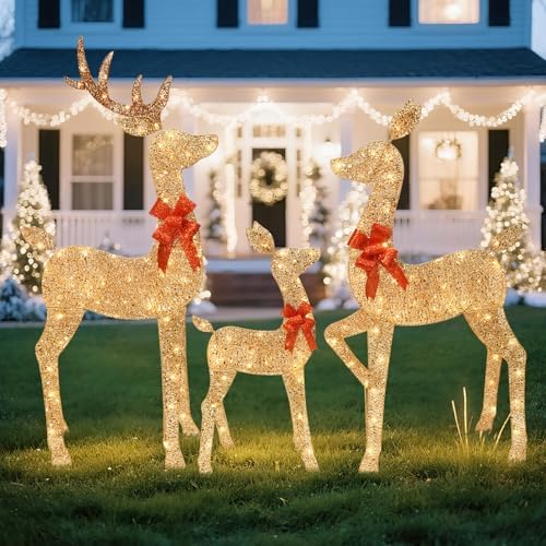 HOYECHI 5 FT Oversized Christmas Decorations Outdoor Lighted Reindeer – 3-Piece 2D Deer Family Set with 160 Warm White LED Lights for Yard, Lawn, Garden & Porch Holiday Display - Gold